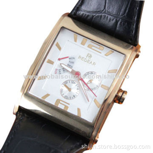 Stainless Steel Watch with Genuine Leather Band and Square Case, for Men, Day, REDEAR